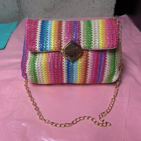 Color Block Straw Bag Metal Decor Chain Strap - Picture 5 of 5